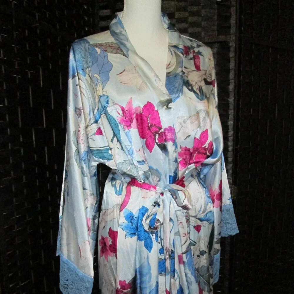 Linea Donatella Ayanna Satin Lace-Trim Robe Blue Floral NWT Sz L/XL - Picture 4 of 7